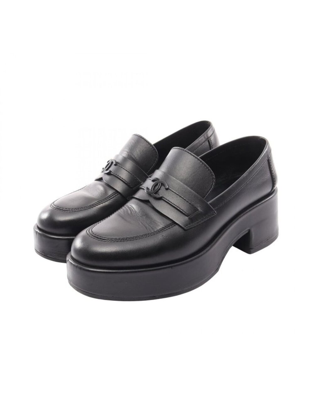 Chanel Loafers CC Logo Platform Black Leather